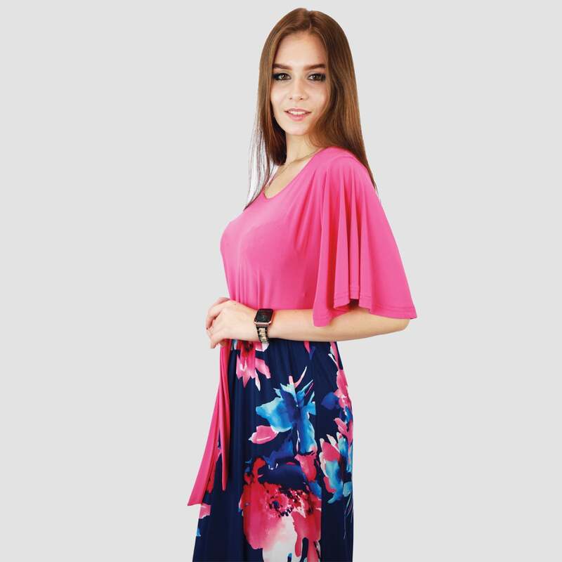 Kidwala Round Neck Short Sleeve Floral Colorful Long Maxi Dress, Pink/Blue 2