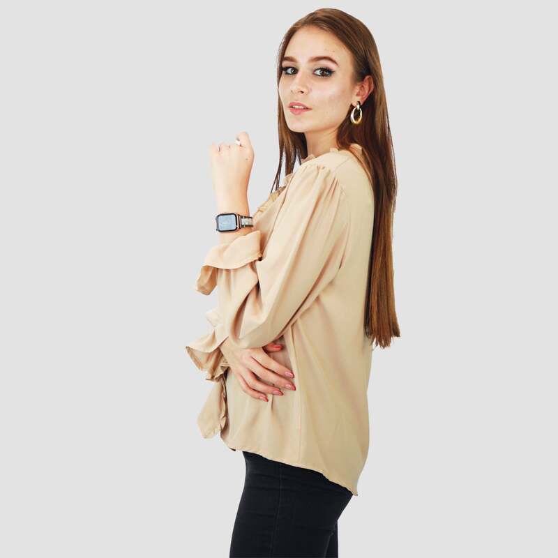 Kidwala Full Sleeve V-Neck Front Ruffled Button Up Blouse Top for Women, Medium, Beige