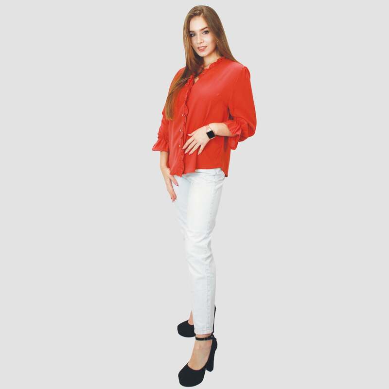 Kidwala Full Sleeve V-Neck Front Ruffled Button Up Blouse Top for Women, Medium, Dark Orange