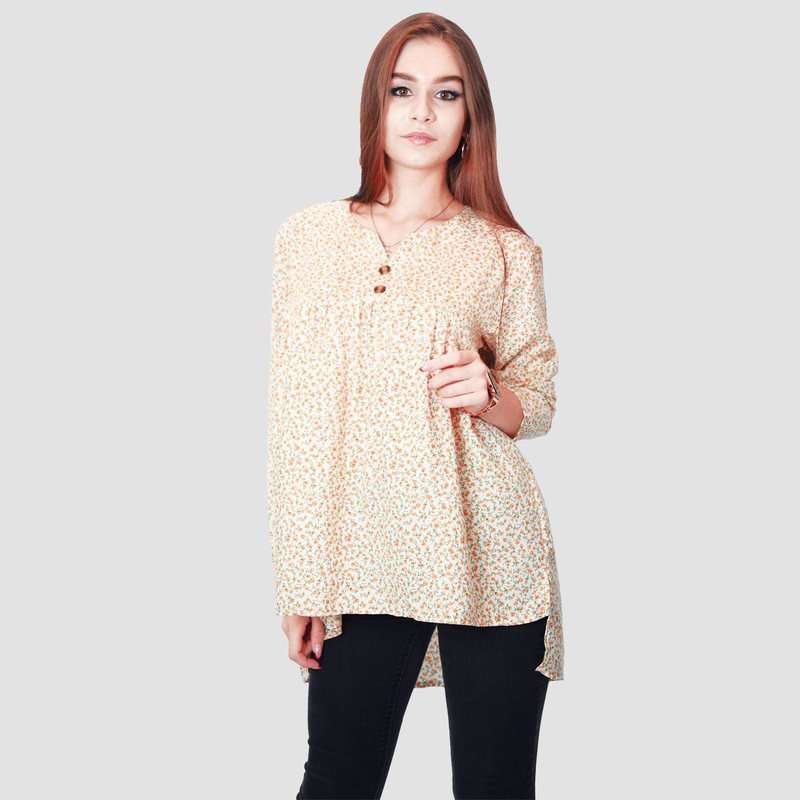 Kidwala Full Sleeve V-Neck Floral Pullover Print Loose Fit Top for Women, Orange