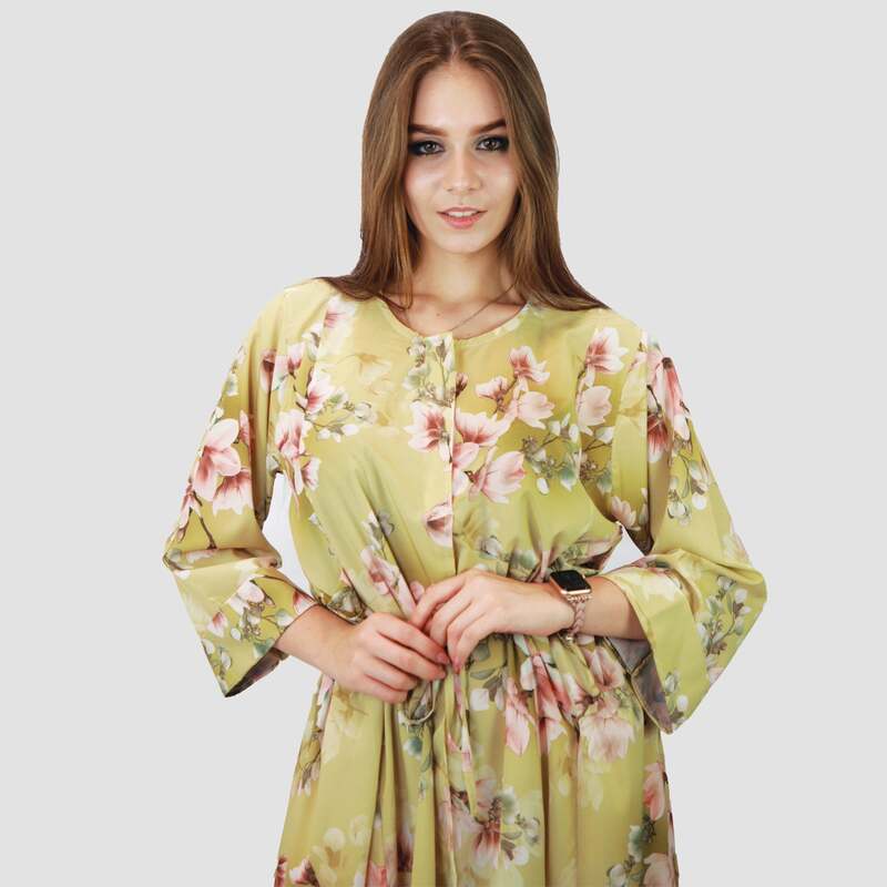 Kidwala 3/4 Three-Quarter Sleeve Long Floral Front Tie Knot Maxi Dress, One Size, Green