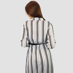 Kidwala Collar Neck Long Sleeve Front Tie Knot Stripes Print Long Maxi Dress, Medium, White
