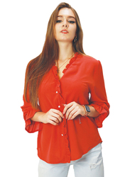 Kidwala Full Sleeve V-Neck Front Ruffled Button Up Blouse Top for Women, Medium, Dark Orange