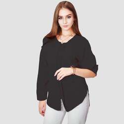 Kidwala Full Sleeve Round Neck Front Zip Up Blouse Top for Women, Plain Black
