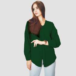 Kidwala Full Sleeve Round Neck Front Zip Up Blouse Top for Women, Plain Olive