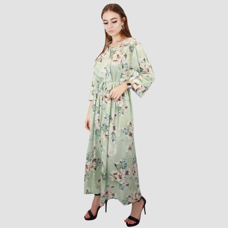 Kidwala 3/4 Three-Quarter Sleeve Long Floral Front Tie Knot Maxi Dress, One Size, Light Green