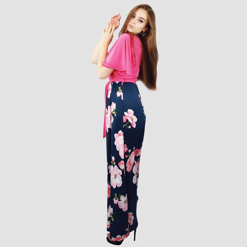 Kidwala Round Neck Short Sleeve Floral Colorful Long Maxi Dress, Pink/Blue 1