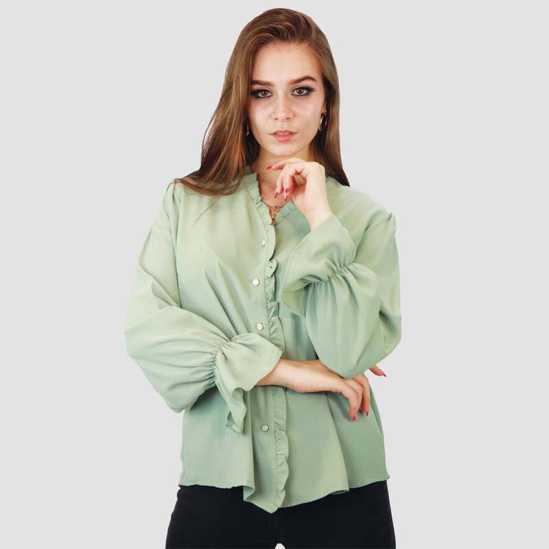 Kidwala Full Sleeve V-Neck Front Ruffled Button Up Blouse Top for Women, Medium, Light Green