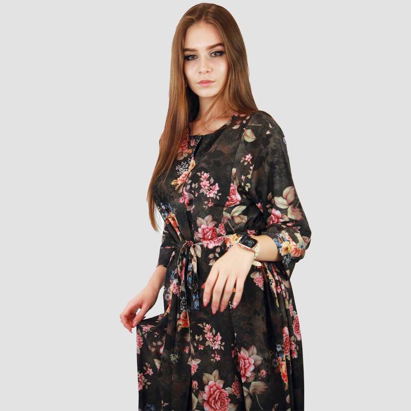 Kidwala Round Neck 3/4 Three-Quarter Sleeve Floral Front Tie Knot Long Maxi Dress, Black