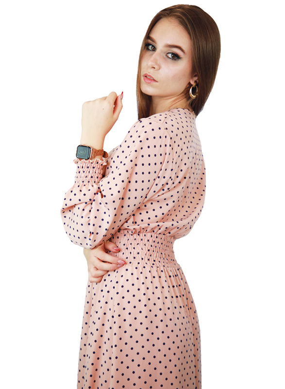 Kidwala Round Neck Long Sleeve Doted Pleated Long Maxi Dress, Large, Pink