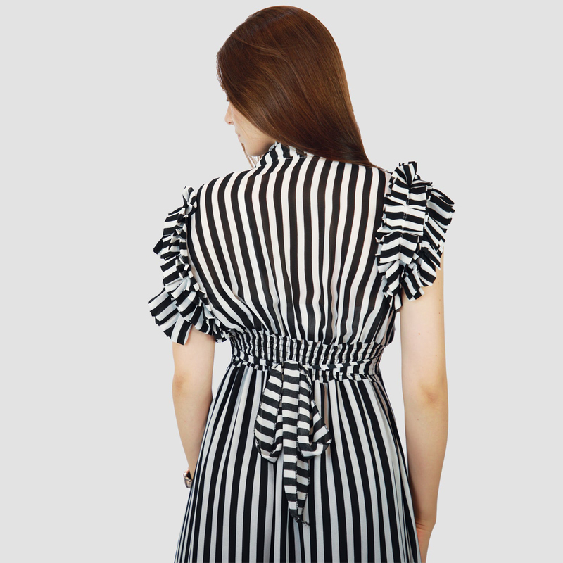 Kidwala V-Neck Short Sleeve Strips Designed Long Maxi Dress, Black