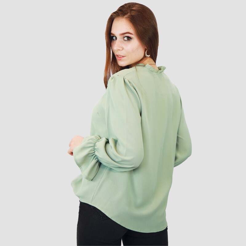 Kidwala Full Sleeve V-Neck Front Ruffled Button Up Blouse Top for Women, Medium, Light Green