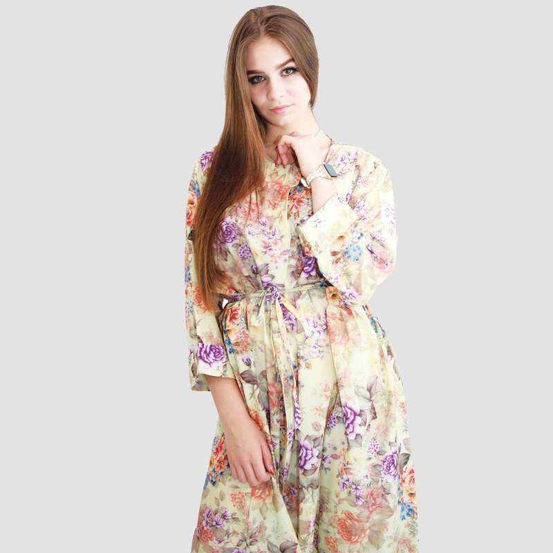 Kidwala Round Neck 3/4 Three-Quarter Sleeve Floral Front Tie Knot Long Maxi Dress, Purple/Beige
