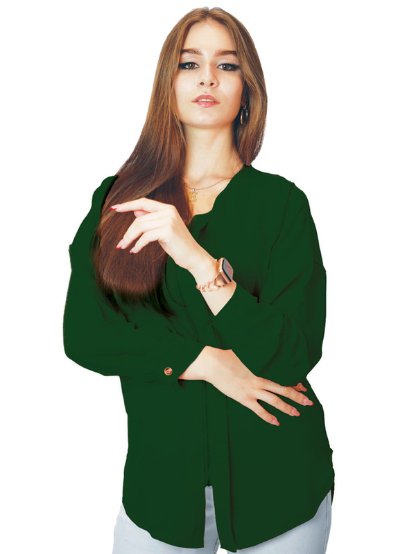 Kidwala Full Sleeve Round Neck Front Zip Up Blouse Top for Women, Plain Olive