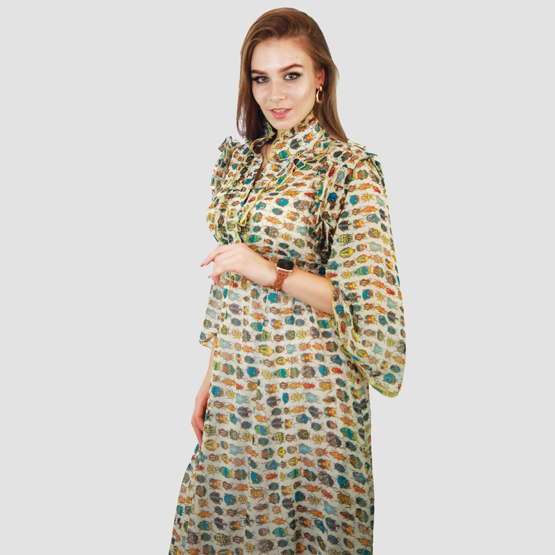 Kidwala Collar Neck 3/4 Three-Quarter Sleeve Ruffle Layer Bugs Print Long Maxi Dress, Multicolour