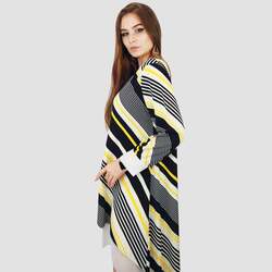 Kidwala Round Neck Long Sleeve Strips Chiffon Long Back Short Dress, Medium, White/Yellow/Navy Blue