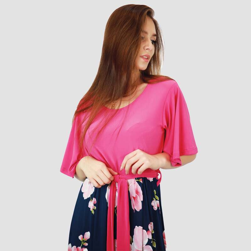Kidwala Round Neck Short Sleeve Floral Colorful Long Maxi Dress, Pink/Blue 1