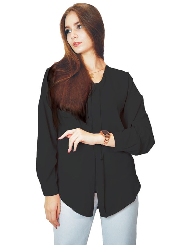 Kidwala Full Sleeve Round Neck Front Zip Up Blouse Top for Women, Plain Black