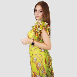 Kidwala V-Neck Short Sleeve Green & Yellow Printed Long Maxi Dress, Green