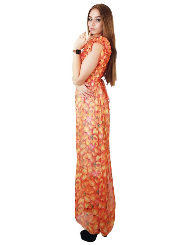 Kidwala V-Neck Short Sleeve Fruit Printed Long Maxi Dress, Orange