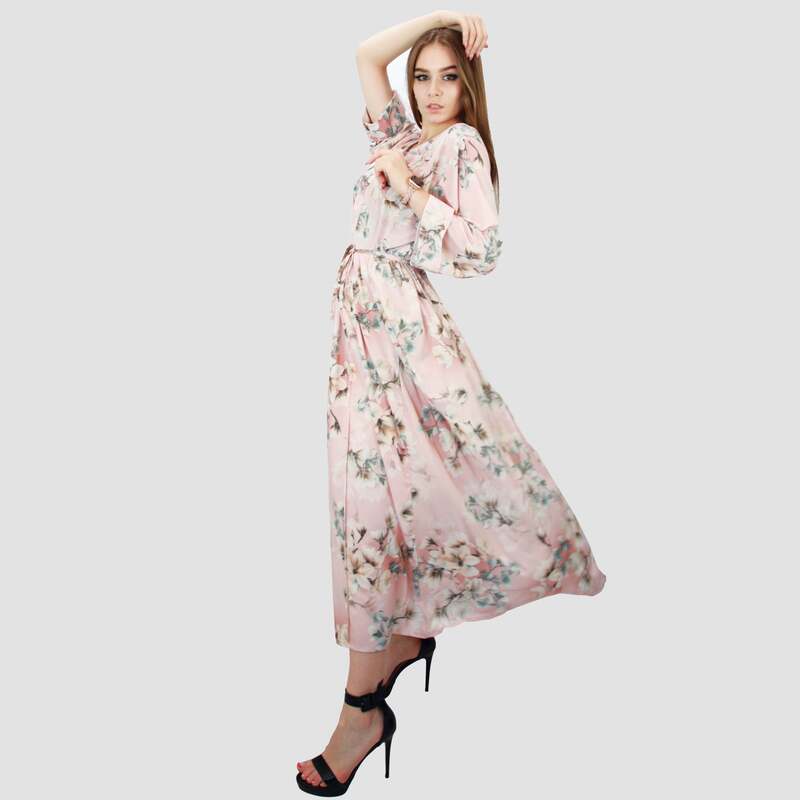 Kidwala 3/4 Three-Quarter Sleeve Long Floral Front Tie Knot Maxi Dress, One Size, Pink