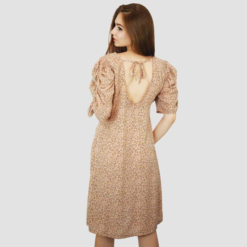 Kidwala Round Neck Short Sleeve Tear Drop String Back Floral Print Short Dress, Large, Brown