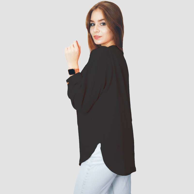 Kidwala Full Sleeve Round Neck Front Zip Up Blouse Top for Women, Plain Black