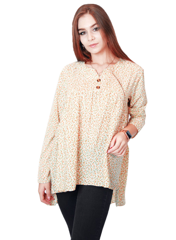Kidwala Full Sleeve V-Neck Floral Pullover Print Loose Fit Top for Women, Yellow