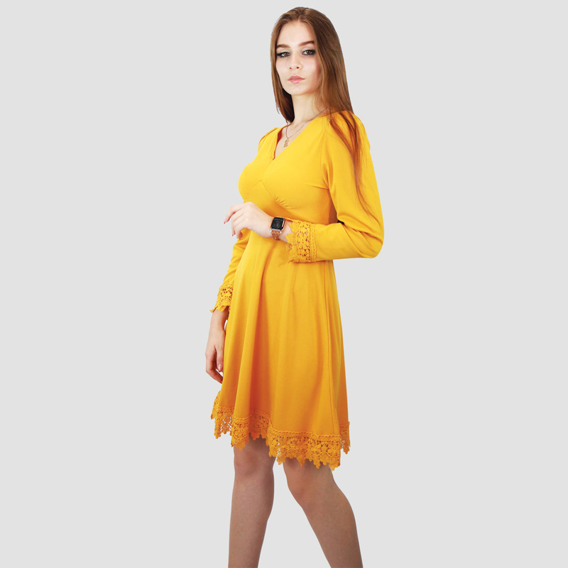 Kidwala V-Neck Long Sleeve Bottom Lace Plain Mini Dress, Large, Yellow