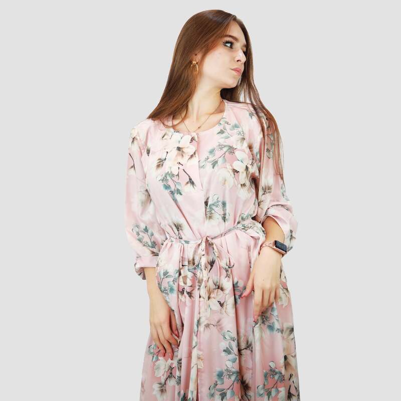 Kidwala 3/4 Three-Quarter Sleeve Long Floral Front Tie Knot Maxi Dress, One Size, Pink