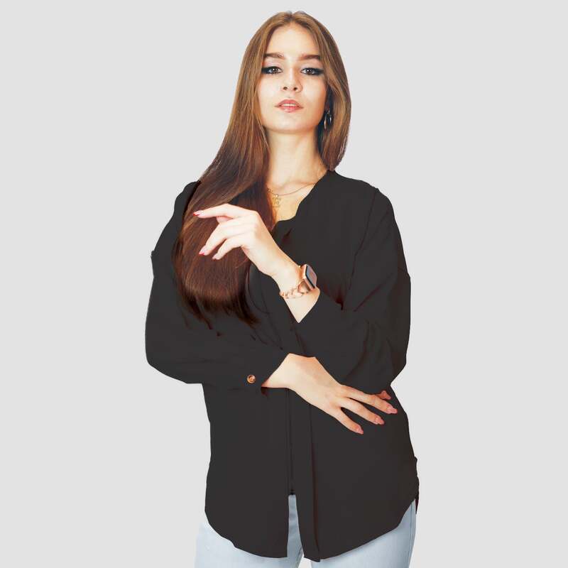 Kidwala Full Sleeve Round Neck Front Zip Up Blouse Top for Women, Plain Black