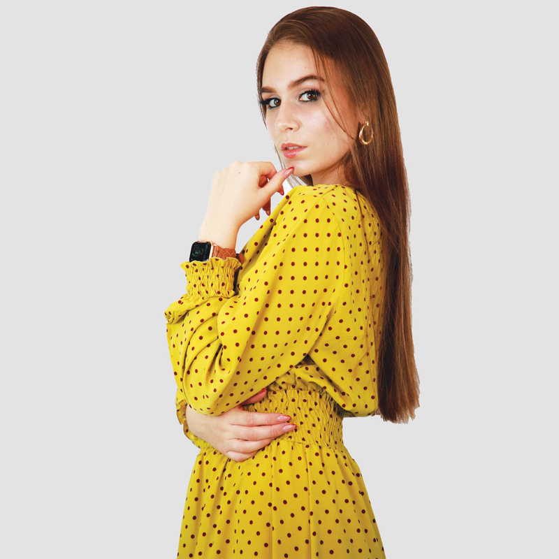 Kidwala Round Neck Long Sleeve Doted Pleated Long Maxi Dress, Large, Yellow