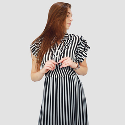 Kidwala V-Neck Short Sleeve Strips Designed Long Maxi Dress, Black