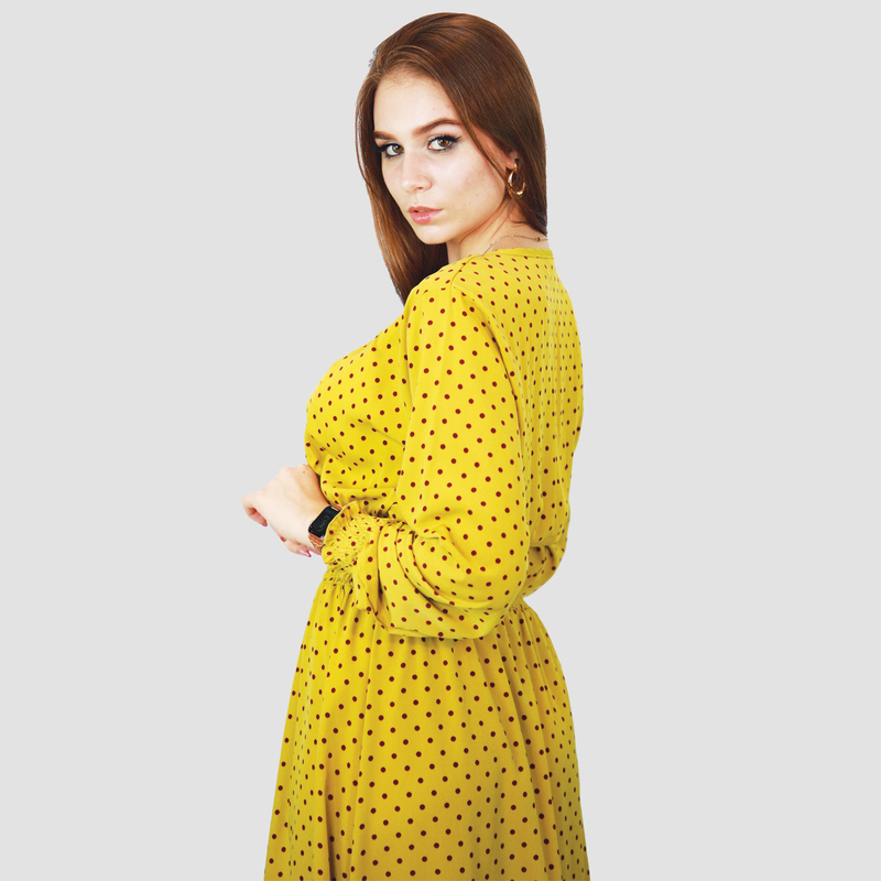 Kidwala Round Neck Long Sleeve Doted Pleated Long Maxi Dress, Large, Yellow