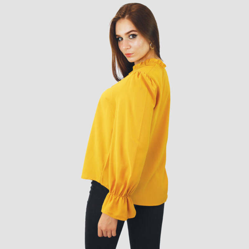 Kidwala Full Sleeve V-Neck Front Ruffled Button Up Blouse Top for Women, Medium Yellow