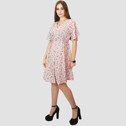 Kidwala V-Neck Short Sleeve Buttons Up Floral Print Short Dress, Medium, White/Pink