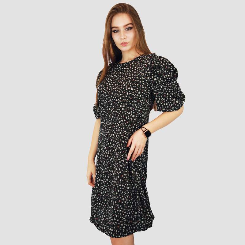 Kidwala Round Neck Short Sleeve Tear Drop String Back Floral Print Short Dress, Large, Black