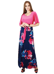 Kidwala Round Neck Short Sleeve Floral Colorful Long Maxi Dress, Pink/Blue 2