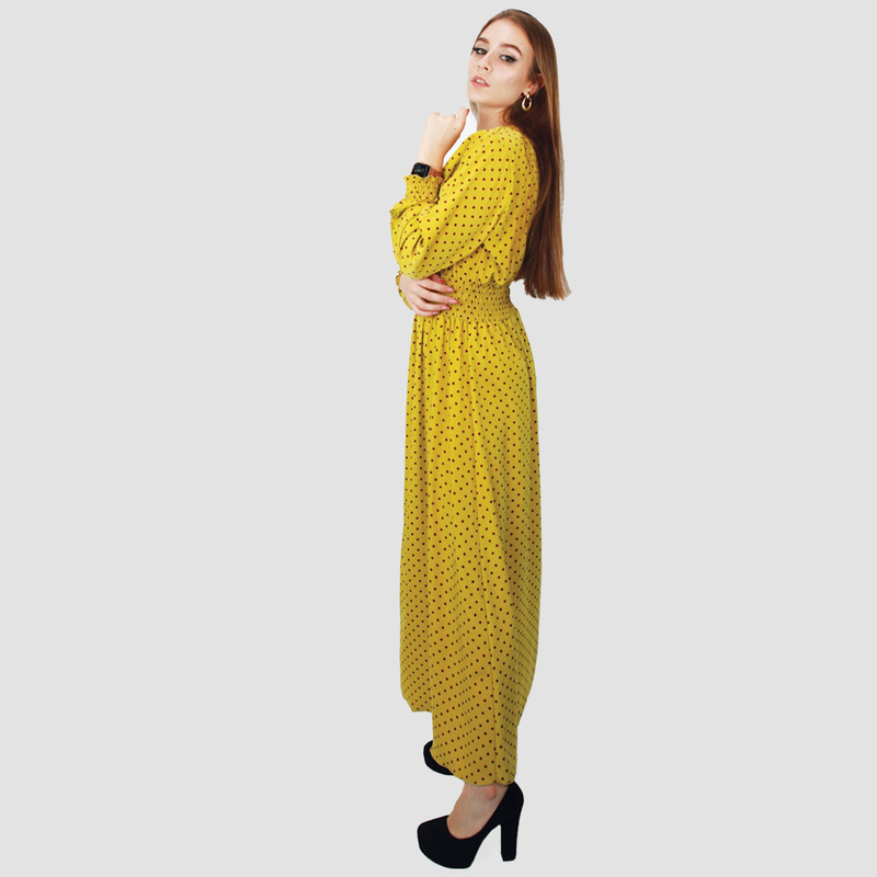 Kidwala Round Neck Long Sleeve Doted Pleated Long Maxi Dress, Large, Yellow