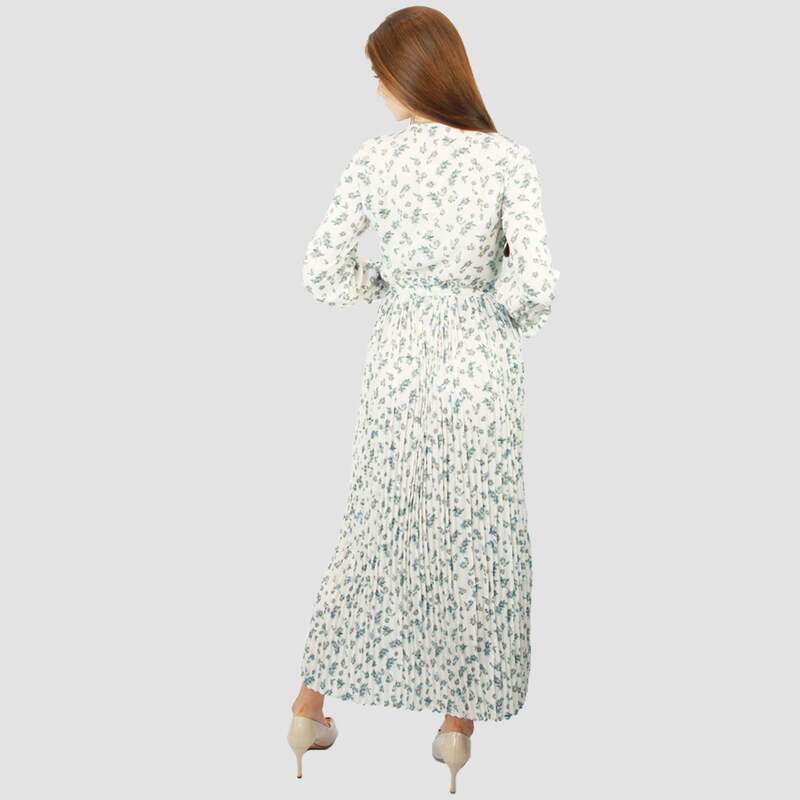 Kidwala V-Neck Long Sleeve Floral Front Tie Knot Long Maxi Dress, White