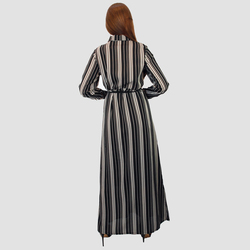 Kidwala Collar Neck Long Sleeve Front Tie Knot Stripes Print Long Maxi Dress, Medium, Black
