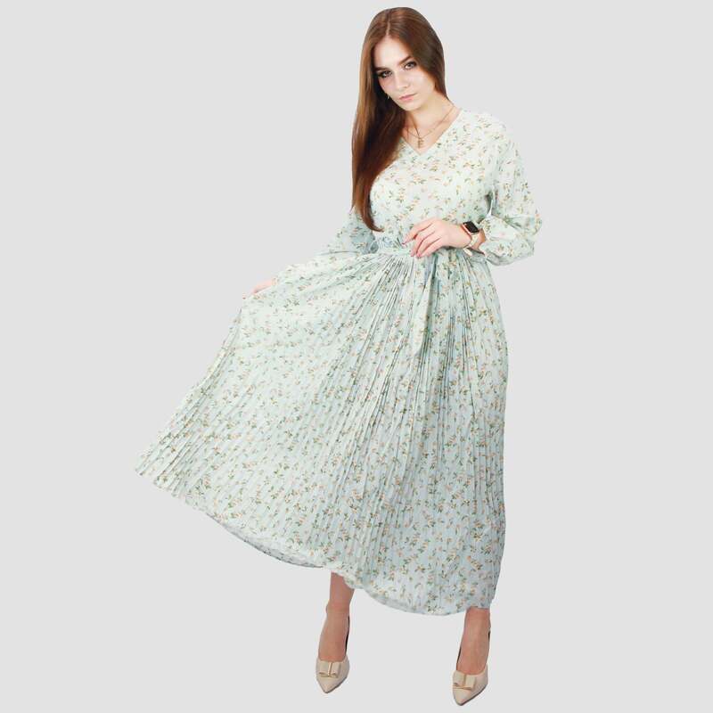 Kidwala V-Neck Long Sleeve Floral Front Tie Knot Long Maxi Dress, Light Green