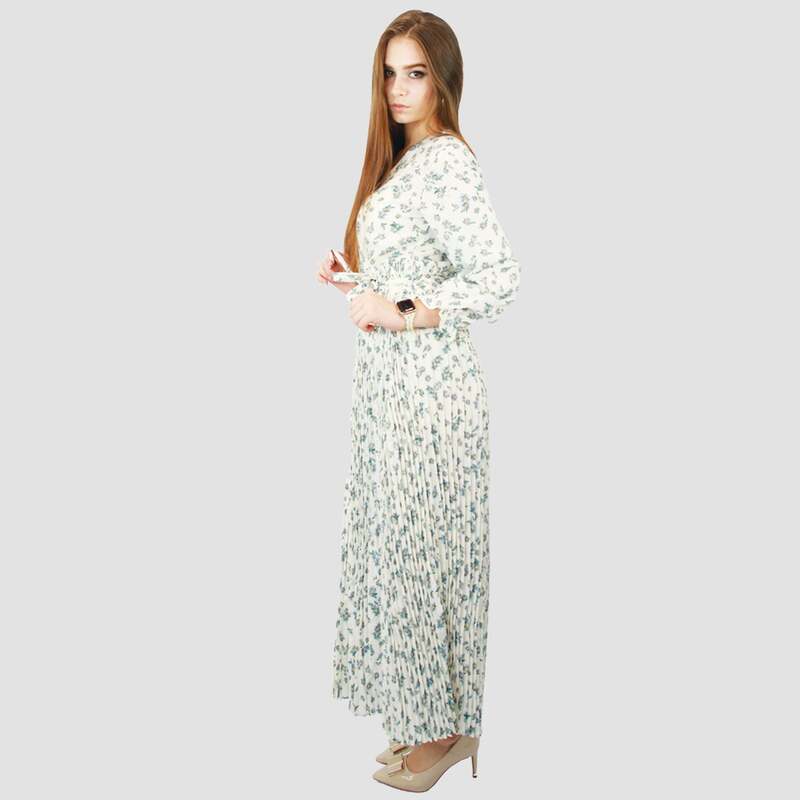 Kidwala V-Neck Long Sleeve Floral Front Tie Knot Long Maxi Dress, White