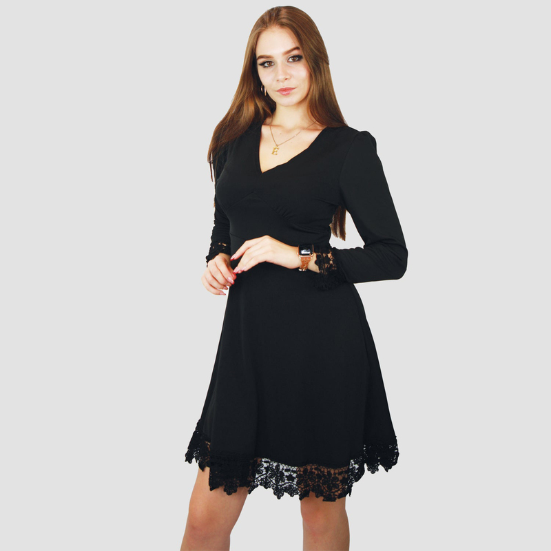 Kidwala V-Neck Long Sleeve Bottom Lace Plain Mini Dress, Large, Black