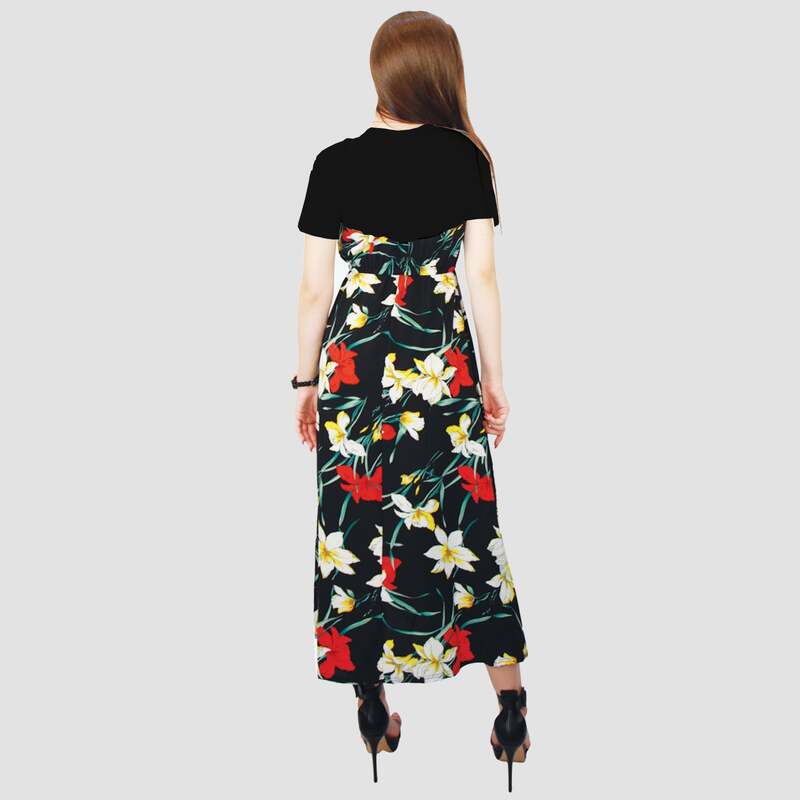 Kidwala Round Neck Short Sleeve Floral Colorful Bottom Maxi Dress, Large, Black/Red