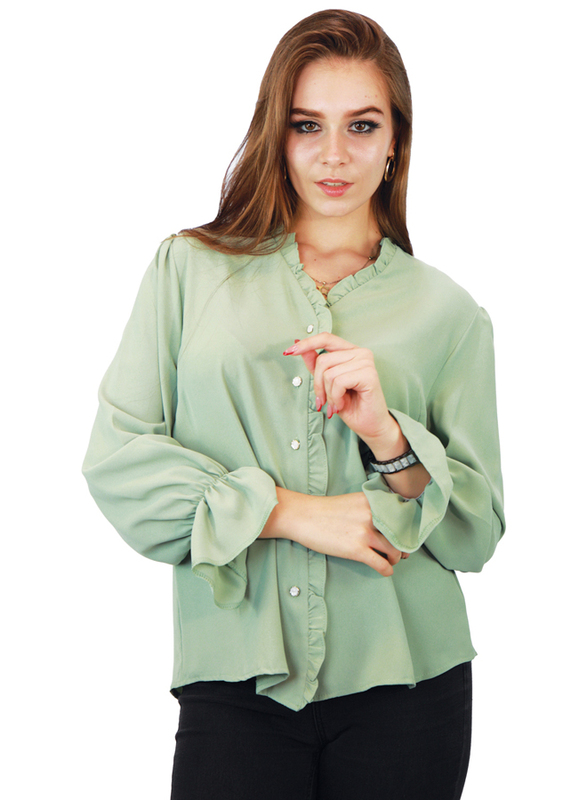 Kidwala Full Sleeve V-Neck Front Ruffled Button Up Blouse Top for Women, Medium, Light Green