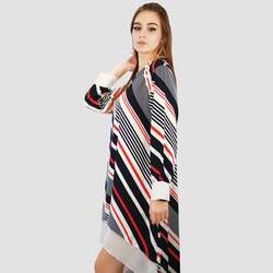 Kidwala Round Neck Long Sleeve Strips Chiffon Long Back Short Dress, Medium, White/Red/Navy Blue