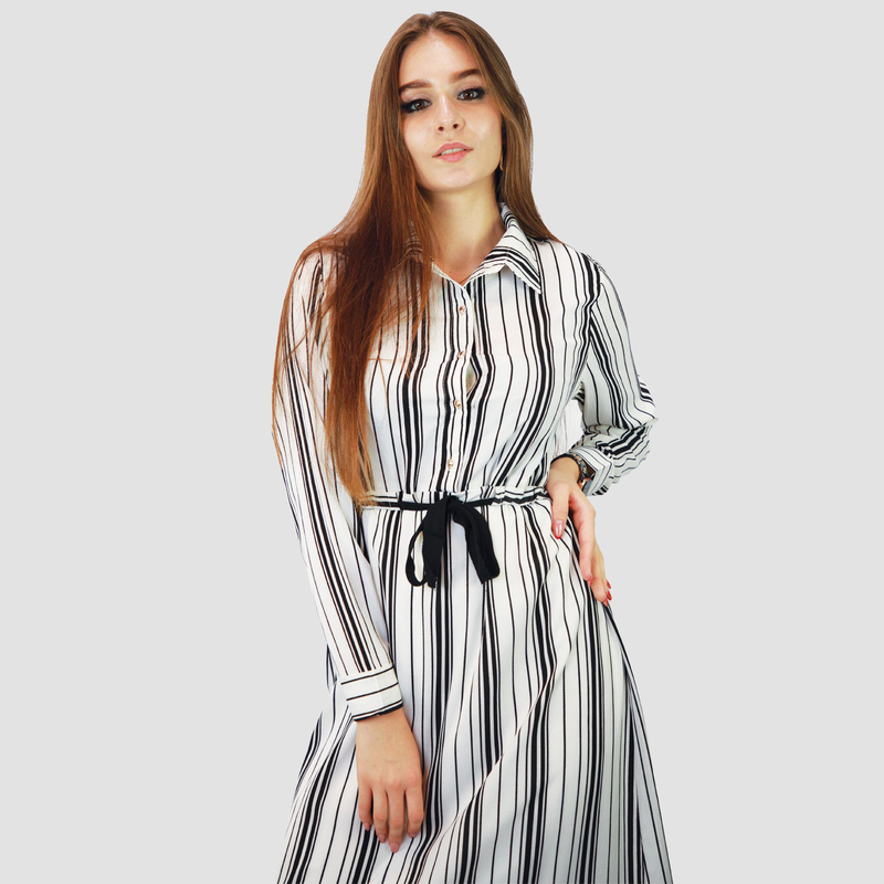 Kidwala Collar Neck Long Sleeve Front Tie Knot Stripes Print Long Maxi Dress, Medium, White