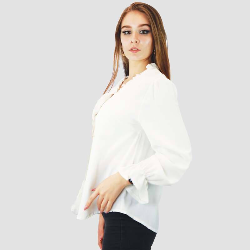 Kidwala Full Sleeve V-Neck Front Ruffled Button Up Blouse Top for Women, Medium, White
