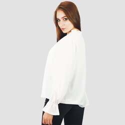Kidwala Full Sleeve V-Neck Front Ruffled Button Up Blouse Top for Women, Medium, White